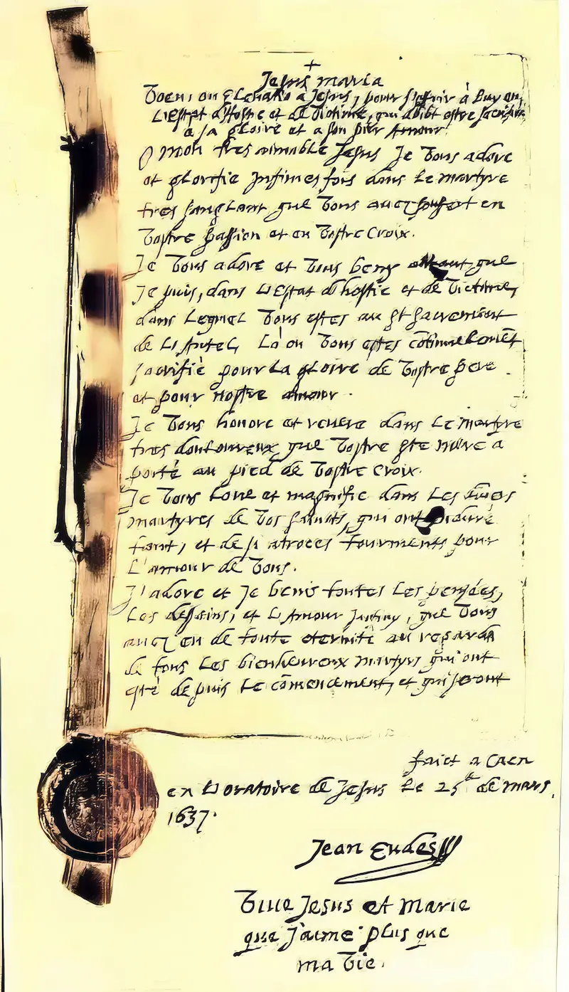 Manuscrito do voto de martírio de São João Eudes